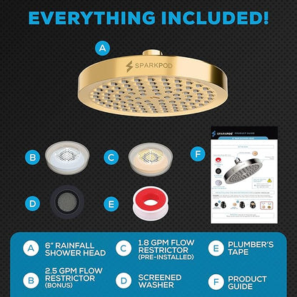 SparkPod Shower Head - High Pressure Rain - Premium Quality Luxury Design - Easy Clean Adjustable Replacement for Your Bathroom Shower Heads (Egyptian Gold, 6 Inch Round)