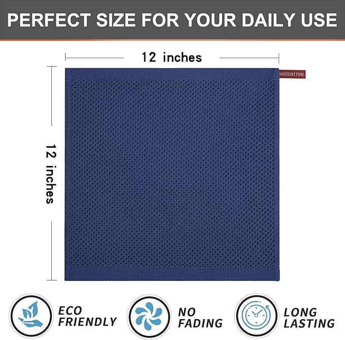 Kitinjoy 100% Cotton Kitchen Dish Cloths (12 X 12 Inches, Navy Blue), 8 Pack Waffle Weave Ultra Soft Absorbent Dish Towels for Drying Dishes Quick Drying Kitchen Towels Dish Rags