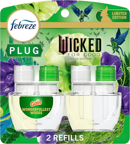 Febreze Plug In Air Freshener, "Wicked: For Good" Limited Edition Odor-Fighting Scented Oil Refill, Air Fresheners for Home and Bathroom and Kitchen, Long Lasting, Wonderfullest Woods, 2 Count