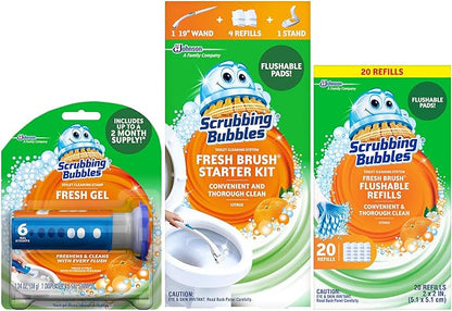 Scrubbing Bubbles Fresh Brush Toilet Bowl Brush and Holder with Toilet Cleaner Refill Pads & Gel Stamps, Cleans Limescale & Fights Odors, Citrus Scent, Includes Starter Kit + 20 Refills + 6 Gel Stamps