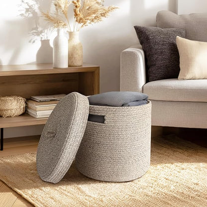 Storage Basket with Lid, Woven Blanket Storage for Living Room, Soft Cotton Rope Bin with Lid, Round Wicker Laundry Basket with Cover, Lidded Kids Dog Toy Bin, Nursery Organizer, 15" x 13"