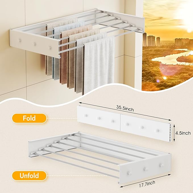 LIENAHU Upgrade Drying Rack Clothing,Clothes Drying Rack Wall Mounted,Laundry Drying Rack Wall Mount,Foldable,Collapsible,Retractable,6 Aluminium Poles,with Hooks,(White 35.5"