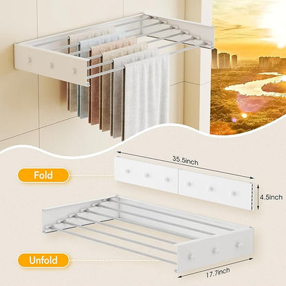 LIENAHU Upgrade Drying Rack Clothing,Clothes Drying Rack Wall Mounted,Laundry Drying Rack Wall Mount,Foldable,Collapsible,Retractable,6 Aluminium Poles,with Hooks,(White 35.5"