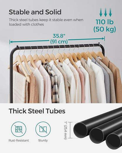 SONGMICS Clothes Rack with Wheels, Double-Rod Clothing Rack for Hanging Clothes, 25.4mm Metal Garment Rack with Dense Mesh Storage Shelf, 110 lb Load Capacity, 2 Brakes, Black UHSR027B01
