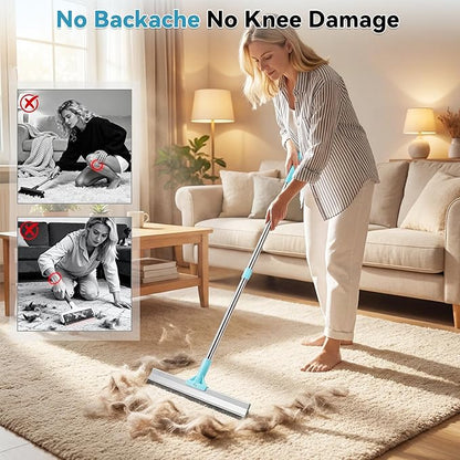Carpet Rake for Pet Hair Removal Tool, Reusable Pet Hair Rake with 63” Adjustable Long Handle, Cat Dog Hair Remover Carpet Broom and Scraper, for Carpets, Rugs, Mats, Couch, Furniture, Car