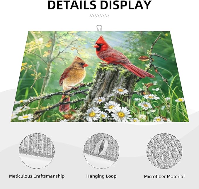 Red Bird Dish Drying Mats for Kitchen Counter, Absorbent Reversible Microfiber Dish Drying Pad, Multi-Use Large Drying Mat Coffee Bar Accessories 18"x24"