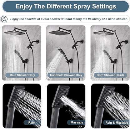 BRIGHT SHOWERS High Pressure Rain Shower Head Combo with Double Extension Arm, 8 Inch Rainfall Shower Head with Handheld Spray, Height Adjustable Dual Square Showerhead Set, Oil-Rubbed Bronze