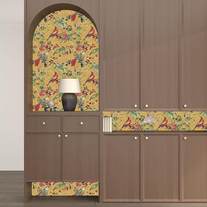 Vintage Floral Bird Wallpaper Peel and Stick,Boho Yellow Contact Paper, Retro Botanical Wall Paper Self Adhesive Removable Waterproof for Bedroom Walls Shelves Cabinet Table Decoration 17.5in x 393in