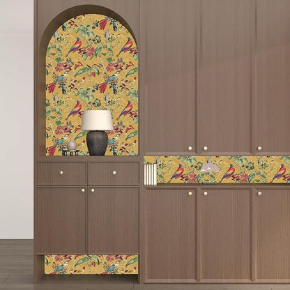 Vintage Floral Bird Wallpaper Peel and Stick,Boho Yellow Contact Paper, Retro Botanical Wall Paper Self Adhesive Removable Waterproof for Bedroom Walls Shelves Cabinet Table Decoration 17.5in x 393in