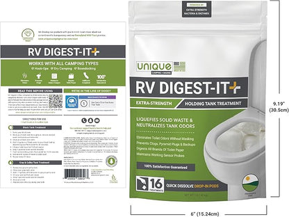 Unique RV Digest-It+ Extra-Strength RV Toilet Treatment Pod - Liquifies Waste and All Brands of Toilet Paper - Eliminates Odors at the Source (16 Pods) (Pack of 2)