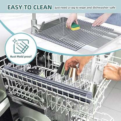 Ohuhu Sink Drying Rack, 20.5" W x 16.1" L Over The Sink Roll-Up Dish Drainer - Rolling Foldable Accessories Heat-Resistant Mat Anti-Slip Silicone Coated Multipurpose for Kitchen Counter