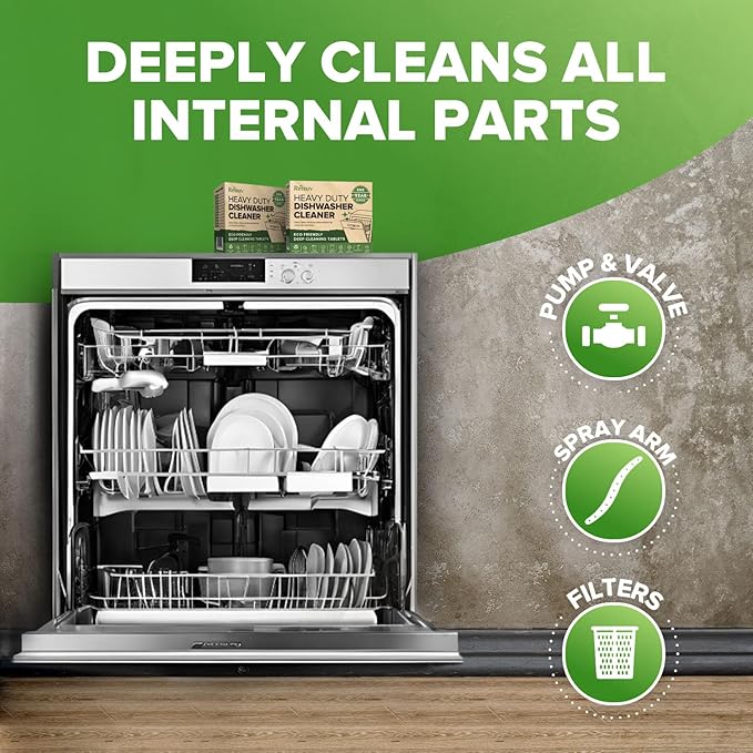 Renuv® Heavy Duty Dishwasher Cleaner & Deodorizer Tablets, Descaler, Deep Cleaning, Natural Odor & Smell Remover, Calcium, Limescale, Hard Water Marks, Grease, Septic Safe Pods (12 Tabs 1 Yr Supply)