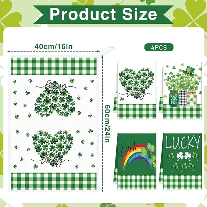 St. Patrick's Days Kitchen Towels Set of 4, Lucky Shamrock Dish Towels Gifts for Cooking Cleaning, Spring Hand Towels with Hanging Loop for Kitchen Bathroom Home Decor