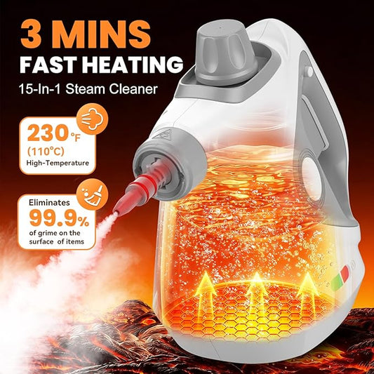 Handheld Steam Cleaner for Home, Pressurized Portable Steamer for Cleaning with 15 Accessories for Multi-Surface Cleaning, Floors, Tiles, Grout, Kitchen, Bathroom, Couch & Car(Grey Cap&Grey Handle)