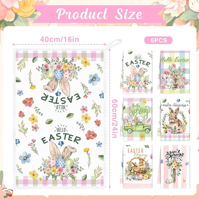 Easter Towels Kitchen Sets - Easter Bunny Rabbit Dish Towel 16x24 Inch Colorful Easter Kitchen Towel Spring Hand Towels Hello Spring Set of 6 Easter Blessings for Bathroom Kitchen
