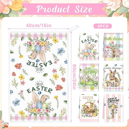 Easter Towels Kitchen Sets - Easter Bunny Rabbit Dish Towel 16x24 Inch Colorful Easter Kitchen Towel Spring Hand Towels Hello Spring Set of 6 Easter Blessings for Bathroom Kitchen