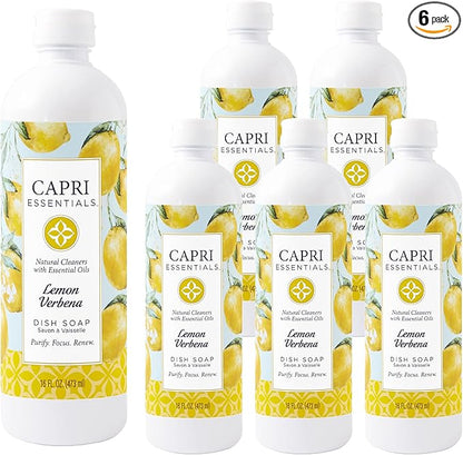 CAPRI ESSENTIALS Dish Soap Liquid, Natural Household Cleaning, Plant Based Aromatic Dish Detergent, Blend of Essential Oils with Tea Tree, Rosemary & Cedarwood, Lemon Verbena, 16 FL Oz (6 Pack)
