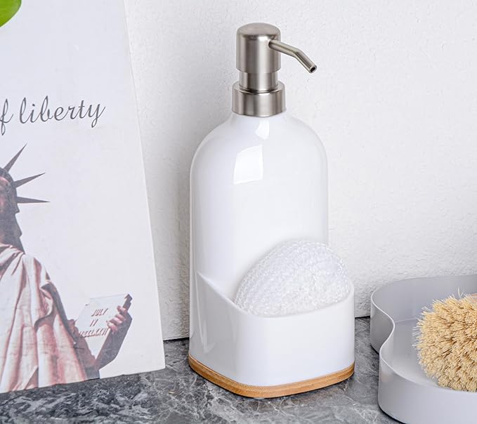 Kitchen Soap Dispenser with Sponge Holder, Refillable Acrylic Dish Soap Dispenser 17oz for Kitchen Sink and Bathroom, Anti Slip, Countertop Home Decor (White)