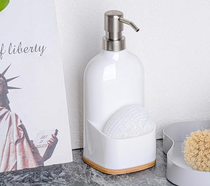 Kitchen Soap Dispenser with Sponge Holder, Refillable Acrylic Dish Soap Dispenser 17oz for Kitchen Sink and Bathroom, Anti Slip, Countertop Home Decor (White)