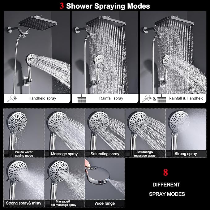 Handheld Shower Combo, 14 Inch Rainfall Shower Head and 8 Handheld Spray with Power Wash, Wide Square Shower Head for Full Body Coverage and Adjustable Extension Arm,Bath Upgrade CP,Chrome