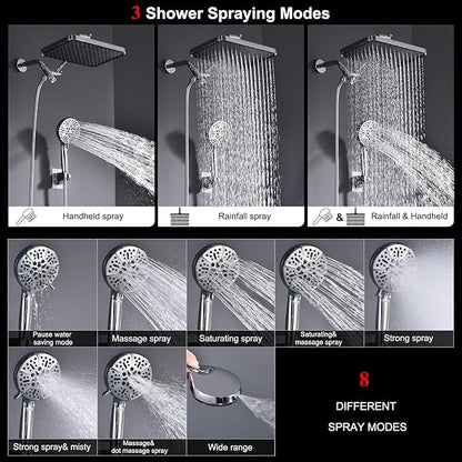 Handheld Shower Combo, 14 Inch Rainfall Shower Head and 8 Handheld Spray with Power Wash, Wide Square Shower Head for Full Body Coverage and Adjustable Extension Arm,Bath Upgrade CP,Chrome
