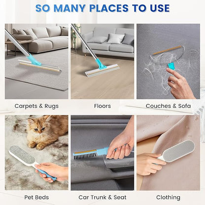 3-Pack Pet Hair Remover Tools, Carpet Rake for Pet Hair Removal, Long Handle Double-Sided Carpet Fur Removal Lint Scraper Brush Dog Cat Hair Remover for Sofa, Couch, Rug, Stairs, Clothes, Blue