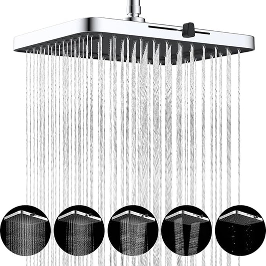 Hibbent cUPC Certified 5 Spray Modes Shower Head, 13'' High Pressure Large Rainfall Shower Head, High Flow Waterfall Bathroom Fixed Showerheads with Adjustable Swivel Ball Joint, Chrome