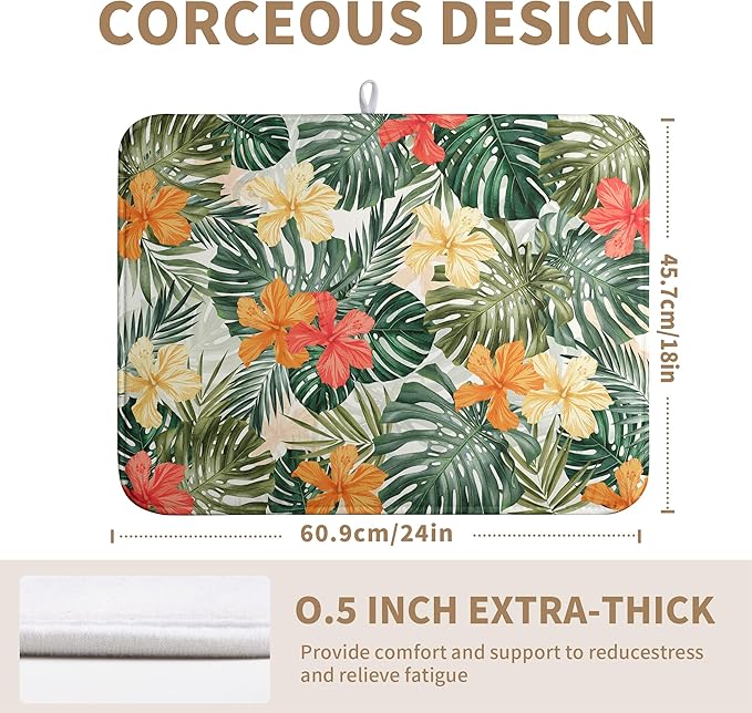 Tropical Palm Leaves Dish Drying Mat for Kitchen Counter Watercolor Flowers Leaf Drying Mat Dish Pads Reversible Absorbent Microfiber Dish Drainer Rack Mat for Countertop 18x24 Inch