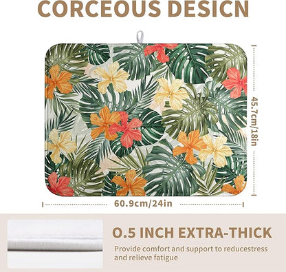 Tropical Palm Leaves Dish Drying Mat for Kitchen Counter Watercolor Flowers Leaf Drying Mat Dish Pads Reversible Absorbent Microfiber Dish Drainer Rack Mat for Countertop 18x24 Inch