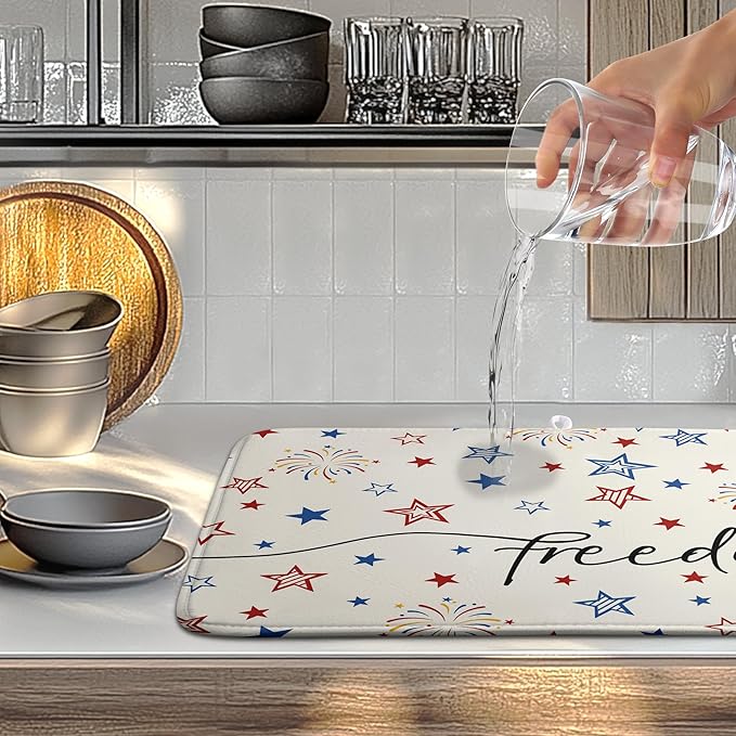Patriotic Stars Dish Drying Mats 4th of July Dish Mat Kitchen Large Drying Matt Dishes Dryer Pad for Kitchen Counter Absorbent Microfiber Washable Foldable Reusable 18x24 in