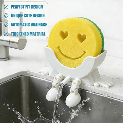 Cute Hanging Sponge Holder with Drainage,3D Printed Kitchen Funny Sponge Stand for Sink,with non-slip pads,Suitable for Scrub Daddy Holder,Keeps Your Sponge Dry Smiling (White)