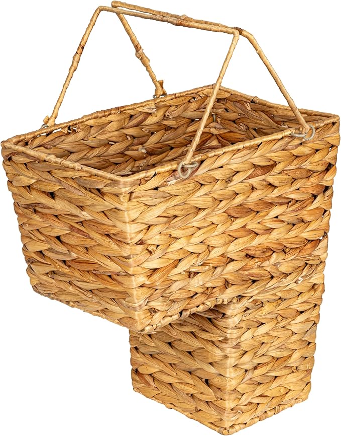 Household Essentials Wicker Stair Basket with Handles, Handwoven Water Hyacinth, Sits on Two Stairs, Lightweight, Natural