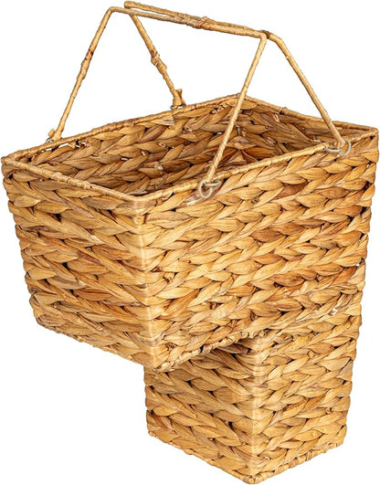 Household Essentials Wicker Stair Basket with Handles, Handwoven Water Hyacinth, Sits on Two Stairs, Lightweight, Natural