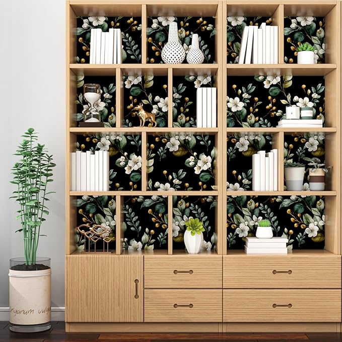 Black Floral Wallpaper Peel and Stick, Vintage Dark Green Leaves with White Flower Pattern Self Adhesive Wall Paper for Bedroom Cabinet Cubicle, Waterproof Classic Contact Paper 17.5In x 118In