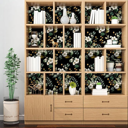 Black Floral Wallpaper Peel and Stick, Vintage Dark Green Leaves with White Flower Pattern Self Adhesive Wall Paper for Bedroom Cabinet Cubicle, Waterproof Classic Contact Paper 17.5In x 118In