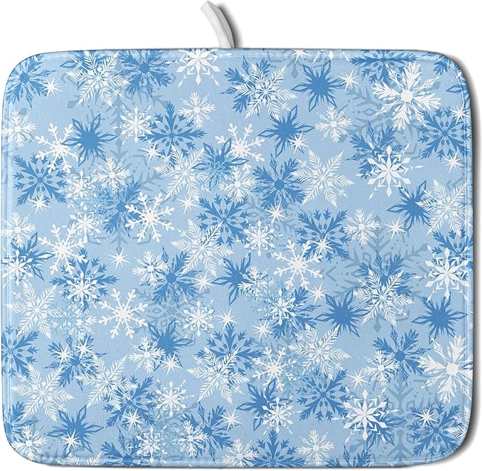 Winter Snowflake Dish Drying Mat for Kitchen Counter Blue White Christmas Snowflake Drying Mat 16x18 Inch Xmas Holiday Absorbent Dish Drainer Mat Christmas Kitchen Accessories