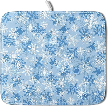 Winter Snowflake Dish Drying Mat for Kitchen Counter Blue White Christmas Snowflake Drying Mat 16x18 Inch Xmas Holiday Absorbent Dish Drainer Mat Christmas Kitchen Accessories