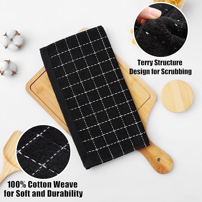 Homaxy 100% Cotton Terry Kitchen Dish Cloths, Ultra Soft and Absorbent Dish Towels for Kitchen, Suitable for Drying and Washing Dishes, 24 Pack, 12 x 12 Inches, Black