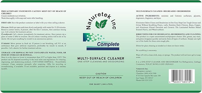 Pack Of 12| Naturetek Complete Multi-Surface Cleaner, Degreaser, and Deodorizer, All-Purpose Cleaning for Toilets, Bathtubs, Floors, and Walls, Fast Acting, No Scrubbing.