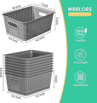 8-Pack Grey Plastic Storage Baskets with Lids, Label Organizers, Stackable Organizer Containers: For Organizing Shelves, Drawers, Desk Closets, Playrooms, Classrooms, Offices