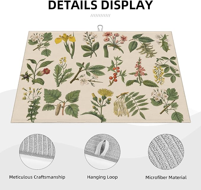 Plants Herbs Floral Dish Drying Mats for Kitchen Counter, Absorbent Reversible Microfiber Dish Drying Pad, Multi-Use Large Drying Mat Coffee Bar Accessories 18"x24"