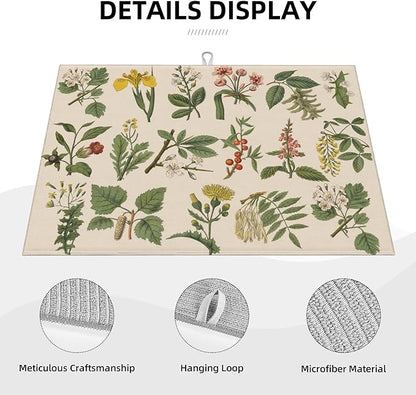 Plants Herbs Floral Dish Drying Mats for Kitchen Counter, Absorbent Reversible Microfiber Dish Drying Pad, Multi-Use Large Drying Mat Coffee Bar Accessories 18"x24"