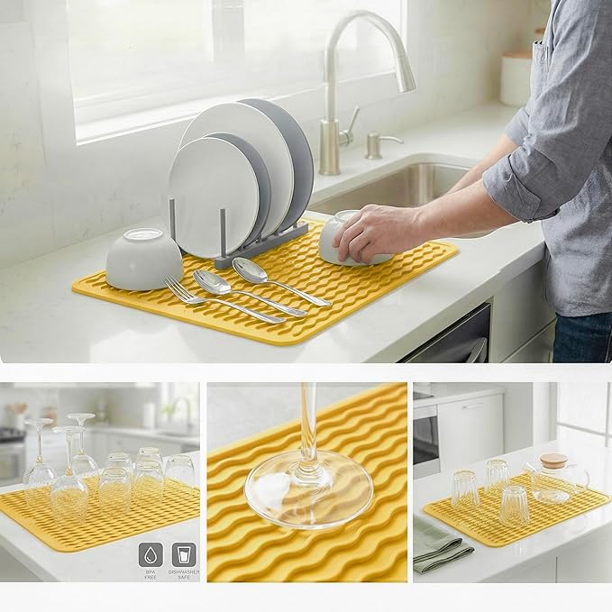 MicoYang Silicone Dish Drying Mat for Multiple Usage,Easy clean,Eco-friendly,Heat-resistant Silicone Mat for Kitchen Counter or Sink,Refrigerator or drawer liner Yellow L 16 inches x 12 inches