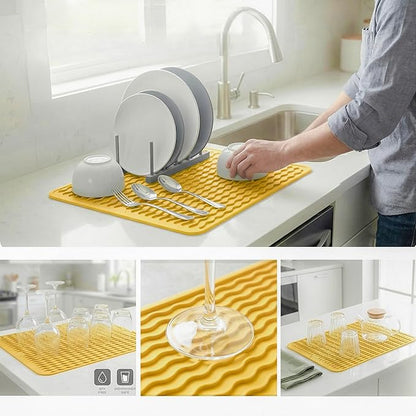MicoYang Silicone Dish Drying Mat for Multiple Usage,Easy clean,Eco-friendly,Heat-resistant Silicone Mat for Kitchen Counter or Sink,Refrigerator or drawer liner Yellow L 16 inches x 12 inches
