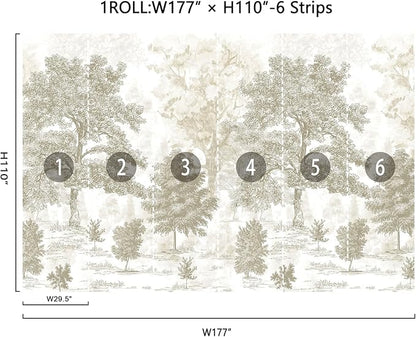 Zeeko Vintage Forest Wall Murals Peel and Stick 177" W x 110" H Beige Tree Wallpaper Self-Adhesive Large Nature Landscapes Murals Canvas Wall Decor for Bedroom Bathroom