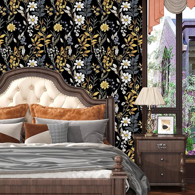 Drak Floral Wallpaper Peel and Stick Vintage Black Golden Wallpaper Vinyl Waterproof Self-Adhesive Removable Boho White Botanical Wall Paper Modern for Bedroom Walls Drawer Cabinet 17.5in x118in