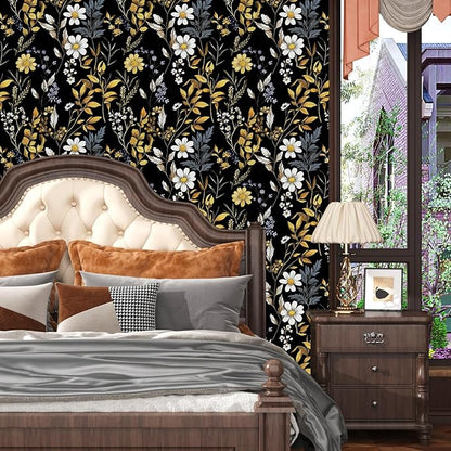 Drak Floral Wallpaper Peel and Stick Vintage Black Golden Wallpaper Vinyl Waterproof Self-Adhesive Removable Boho White Botanical Wall Paper Modern for Bedroom Walls Drawer Cabinet 17.5in x118in