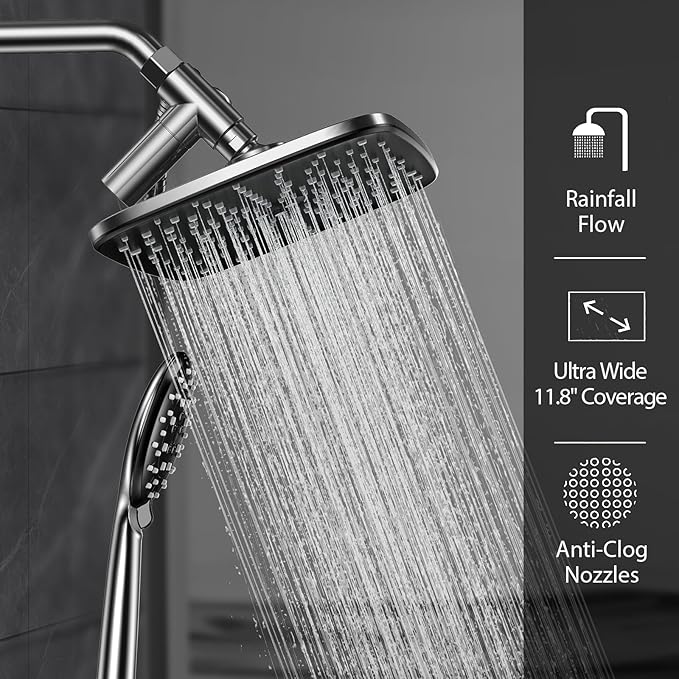 Veken 11.8 Inch Rain Shower Head with Handheld- High Pressure Dual Shower Heads with 5 Modes Handheld Spray Combo- Wide Rainfall Showerhead with Hose, Bathroom Accessories, Chrome