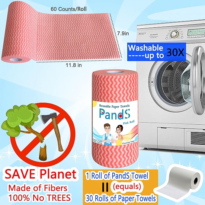 Reusable Paper Towels, 120 Full Sheets 2 Pack, Zero Waste Paperless Kitchen Washcloths, Multi-Purpose Cleaning Handiwipes, Washable Towels - Pink