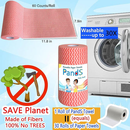 Reusable Paper Towels, 120 Full Sheets 2 Pack, Zero Waste Paperless Kitchen Washcloths, Multi-Purpose Cleaning Handiwipes, Washable Towels - Pink